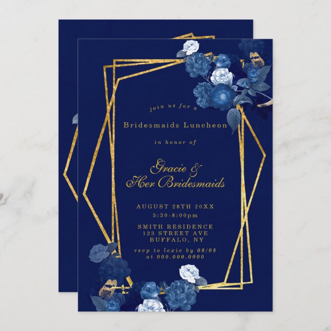 Blue & Gold Floral Bridesmaids Luncheon Einladunge (Vorne/Hinten)