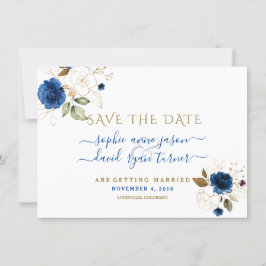Blue Gold Floral Calligraphy Wedding Save the Date