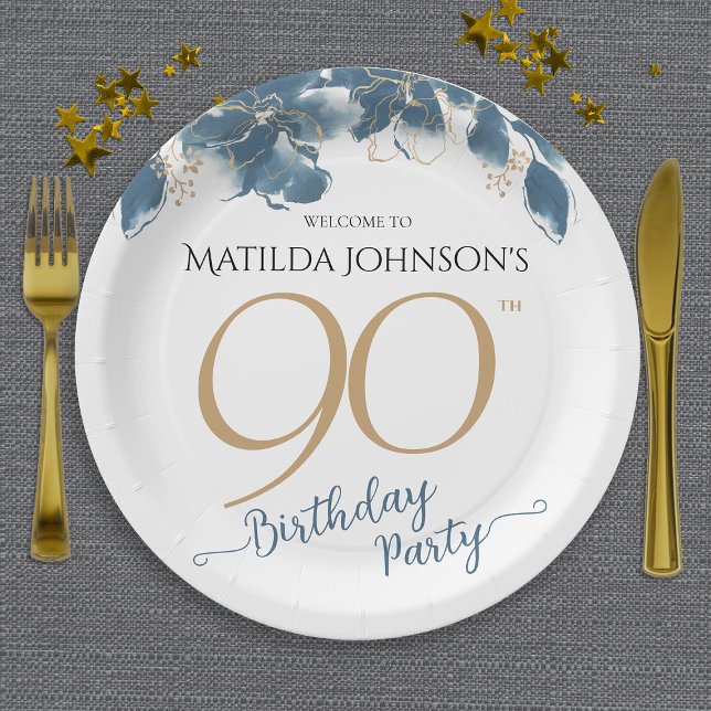 Blue Gold Floral Custom 90. Geburtstagsparty Pappteller (Blue Gold Floral Custom 90th Birthday Party Paper Plates)