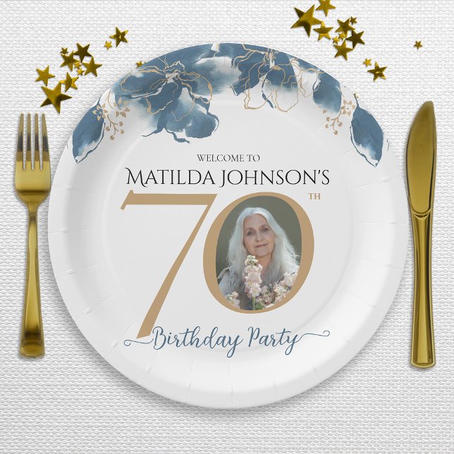 Blue Gold Floral Custom Foto 70. Geburtstagsparty Pappteller (Blue Gold Floral Custom Photo 70th Birthday Party Paper Plates)