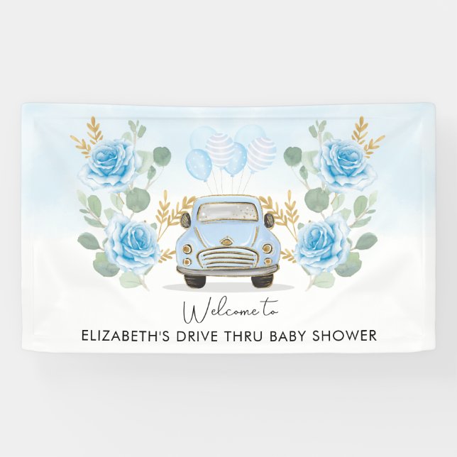 Blue Gold Floral Drive Thru Baby Dusche Willkommen Banner (Horizontal)