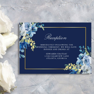 Blue Gold Floral Eleganter Hochzeitsslipp Empfang Begleitkarte
