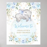 Blue Gold Floral Elephant Boy Baby Dusche Willkomm