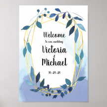 Blue Gold Floral Geometric Empfang Wedding Sign
