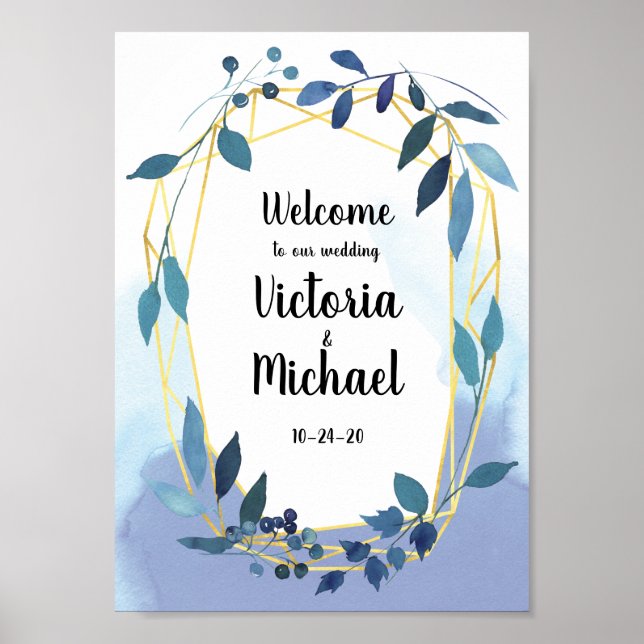 Blue Gold Floral Geometric Empfang Wedding Sign Poster (Vorne)