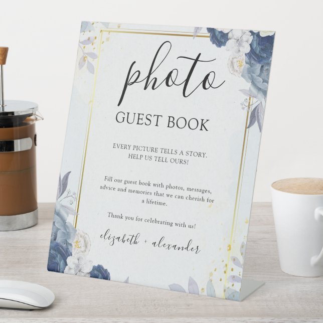 Blue Gold Floral Hochzeitsbuch Foto Sockelschild (In Situ)