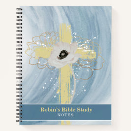 Blue Gold Floral Kreuz Personalisiertes Bibelstudi Notizbuch
