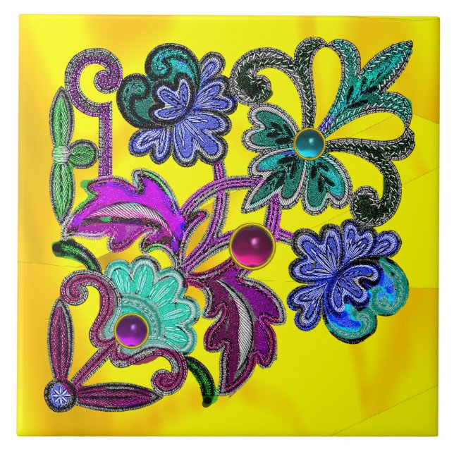 BLUE GOLD FLORAL LACE, BLUME, FARBIGE GEMSTONEN FLIESE (Vorderseite)