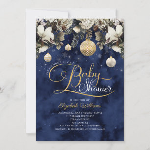 Blue Gold Floral Ornamente Weihnachtsdusche Einladung
