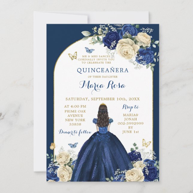 Blue Gold Floral Princess Quinceañera Einladung (Vorderseite)