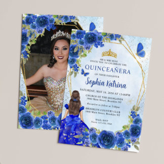 Blue Gold Floral Princess Quinceañera Foto Einladung