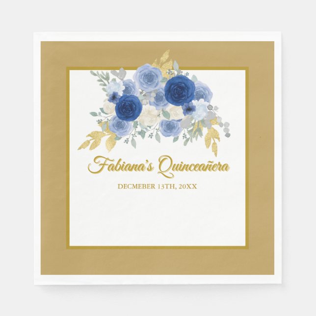 Blue & Gold Floral Quinceañera Napkins Serviette (Vorderseite)