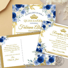 Blue & Gold Floral Save the Date Ankündigungspostkarte
