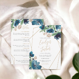 Blue gold Floral Watercolor All in one Wedding Einladung