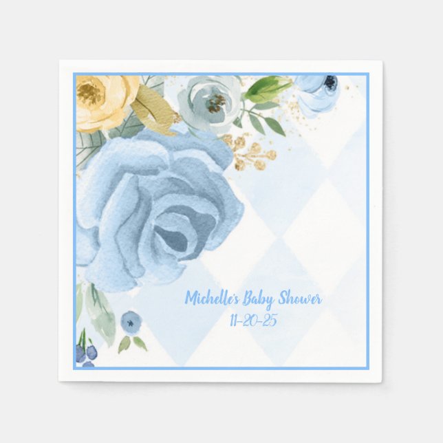 Blue Gold Floral Watercolor Babydusche Napkins Serviette (Vorderseite)