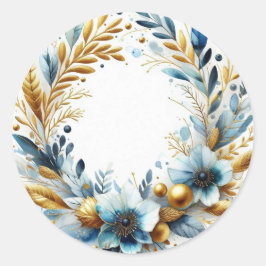 Blue Gold Floral Watercolor Wreath Modern Chic Runder Aufkleber