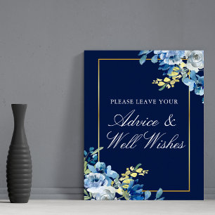 Blue Gold Floral Wedding Advice & Well Wishings Poster