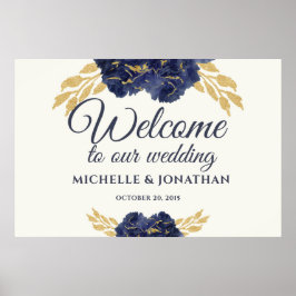 Blue Gold Floral Wedding Begrüßungszeichen 30x20 Poster