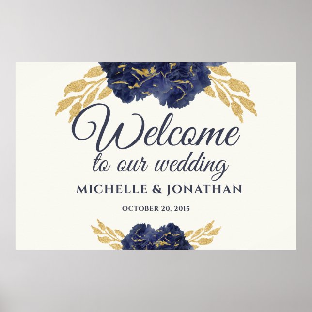 Blue Gold Floral Wedding Begrüßungszeichen 30x20 Poster (Vorne)