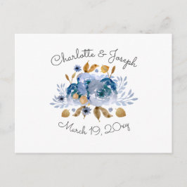 Blue Gold Floral Wedding Einladungspostkarte