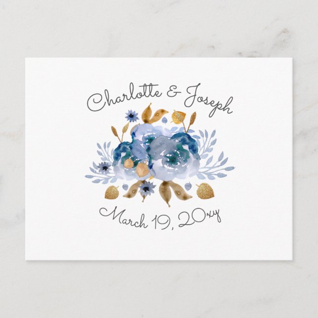 Blue Gold Floral Wedding Einladungspostkarte (Vorderseite)