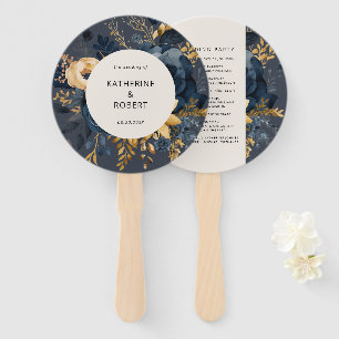 Blue Gold Floral Wedding Program Hand Fan Fächer