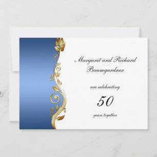 Blue Gold Floral Wirbel 50. Hochzeitstag Einladung