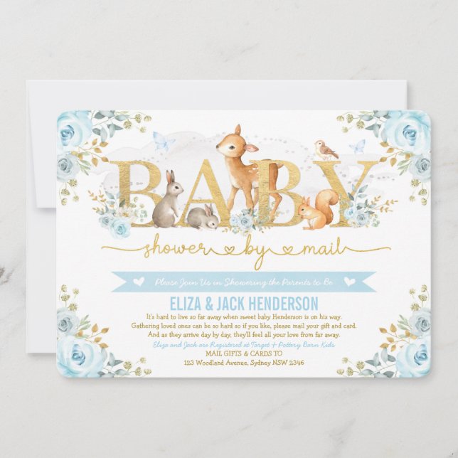 Blue Gold Floral Woodland Deer Baby Shooter by Mai Einladung (Vorderseite)