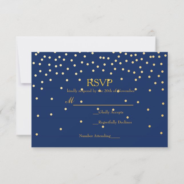Blue & Gold Foil Confetti Dots Wedding RSVP Card (Vorderseite)