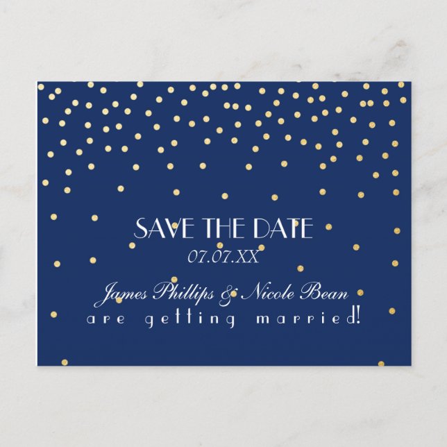 Blue & Gold Foil Dots Save the Date Postkarte (Vorderseite)
