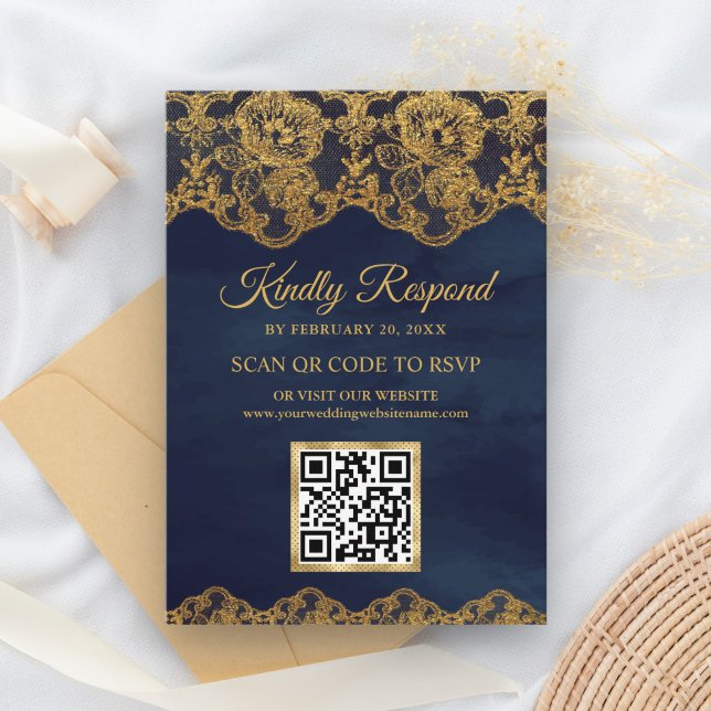 Blue Gold Foil Lace QR Code UAWG Wedding Website Begleitkarte (Von Creator hochgeladen)