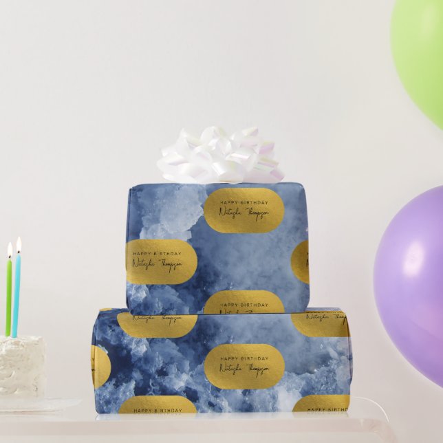 Blue Gold Foil Sea Crystals Signature Script Geschenkpapier (Partygeschenke)