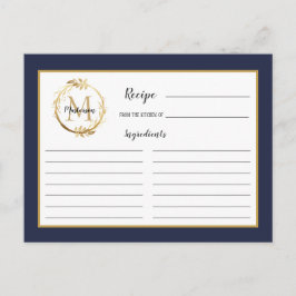Blue Gold Foliage Monogram Rezept Card Postkarte