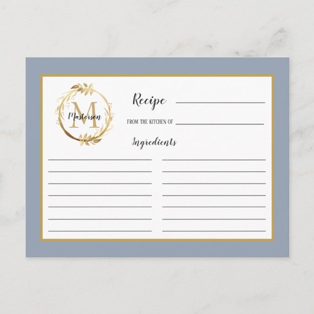 Blue Gold Foliage Monogram Rezept Card Postkarte (Vorderseite)
