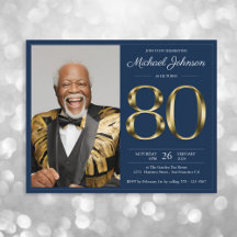 Blue Gold Foto Budget 80. Geburtstag Einladung