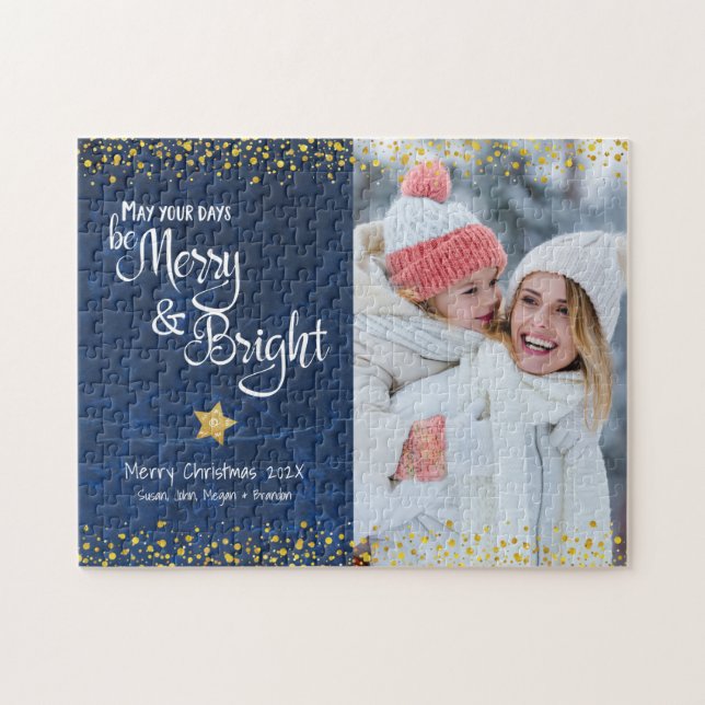 Blue Gold Foto Days Merry Bright Script Holiday Puzzle (Horizontal)