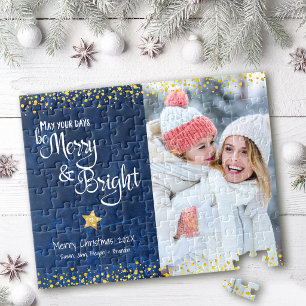 Blue Gold Foto Days Merry Bright Script Holiday Puzzle
