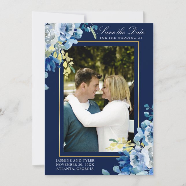 Blue Gold Foto Floral Eleganter Abend Save The Date (Vorderseite)