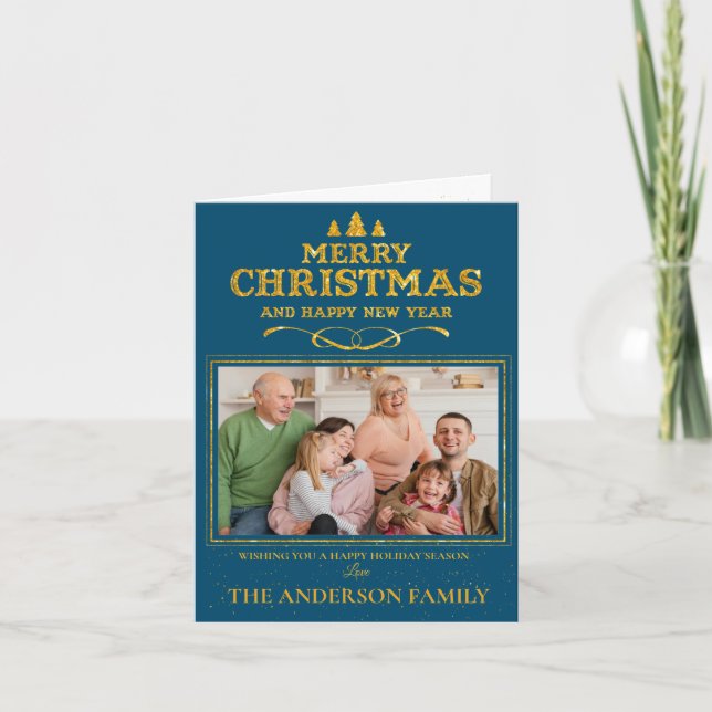 Blue Gold Frohe Weihnachten Glück Neujahr Foto (Vorderseite)