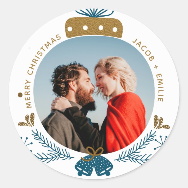 Blue & Gold | Frohe Weihnachts-Bauble-Foto Runder Aufkleber (Vorderseite)