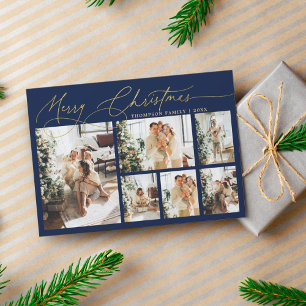 Blue Gold Frohe Weihnachts-Script Foto Collage Feiertagskarte