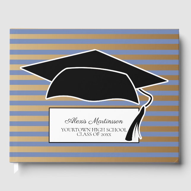 Blue Gold Front Striped Graduation Cap Gästebuch (Vorderseite)