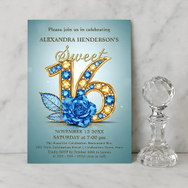 Blue Gold Gemstone Rose Jeweled Sweet Sixteen Einladung