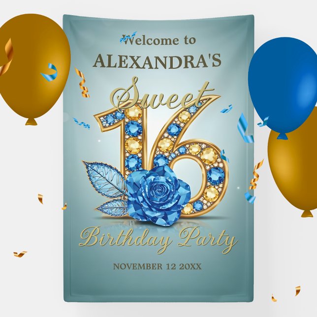 Blue Gold Gemstones Crystal Rose Sweet 16 Welcome Banner (Von Creator hochgeladen)