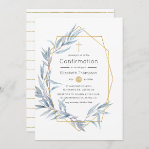 Blue & Gold Geometric Eukalyptus Leaf-Bestätigung Einladung