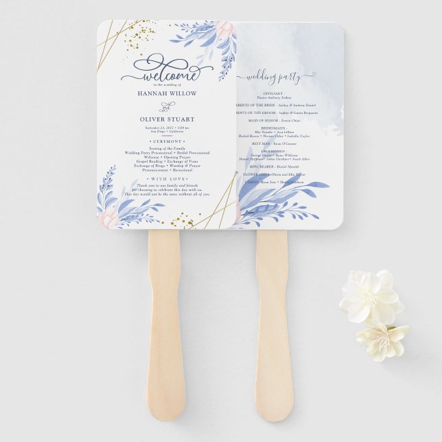 Blue Gold Geometric Pink Floral Wedding Programs Fächer (Vorne und Hinten)