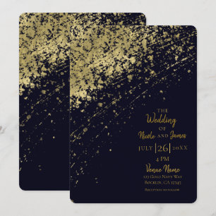 Blue & Gold Glamour Paint Spritzer Modern Wedding Einladung