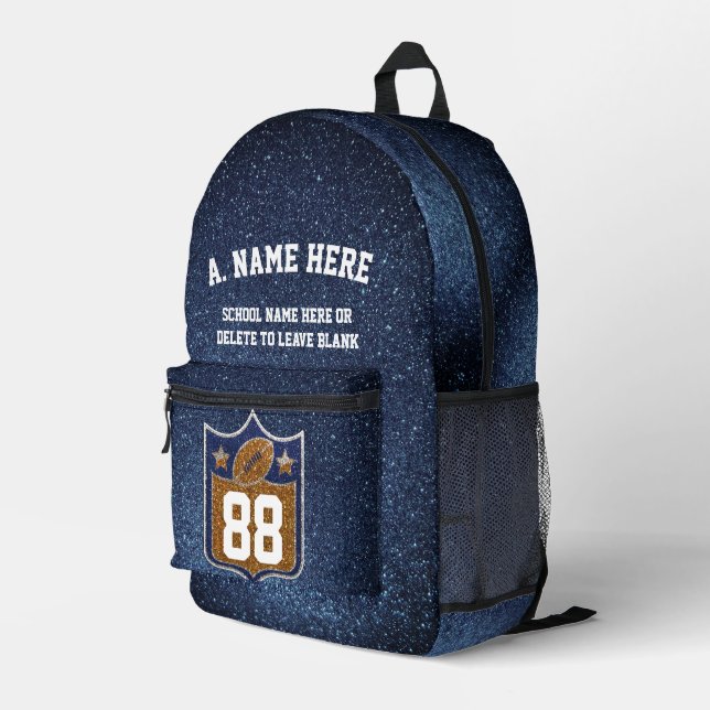 Blue & Gold Glitter Football Player Team Spirit Bedruckter Rucksack (Rückseitige Ecke Rechts)