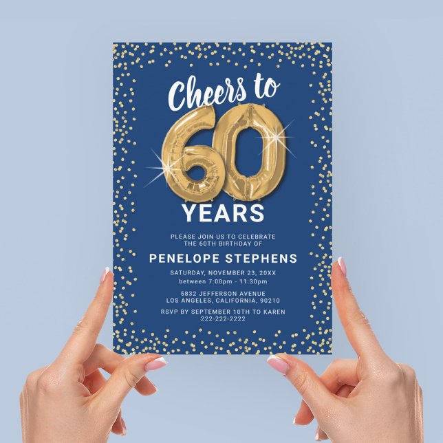 Blue Gold Glitzer 60. Geburtstagsparty Einladung (Von Creator hochgeladen)