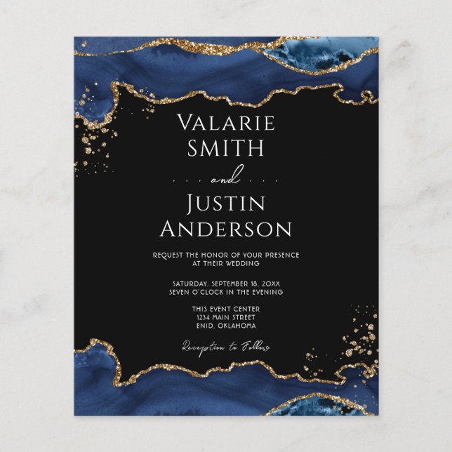 Blue Gold Glitzer Agate Hochzeitseinladung (Vorderseite)